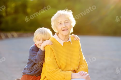 Preview: Loving grandson tenderly embracing his joyful elderly grandmother during walking at summer park.