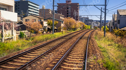 Preview: Japanese Kyoto local train traveling on rail tracks along the railway. Japan
