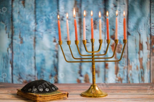 Preview: Jewish holiday, Holiday symbol Hanukkah Brightly Glowing Hanukkah Menorah soft focus