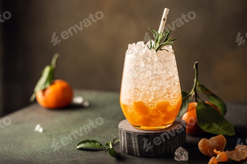Preview: Fresh cocktail with crushed ice, rosemary and tangerines
