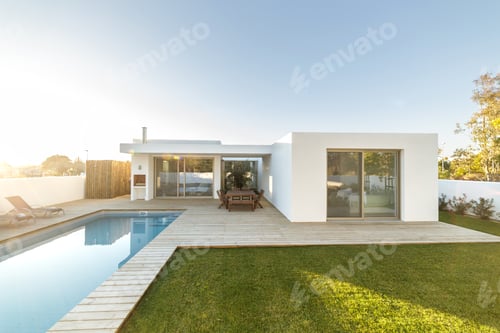 Preview: Modern house with garden swimming pool and wooden deck