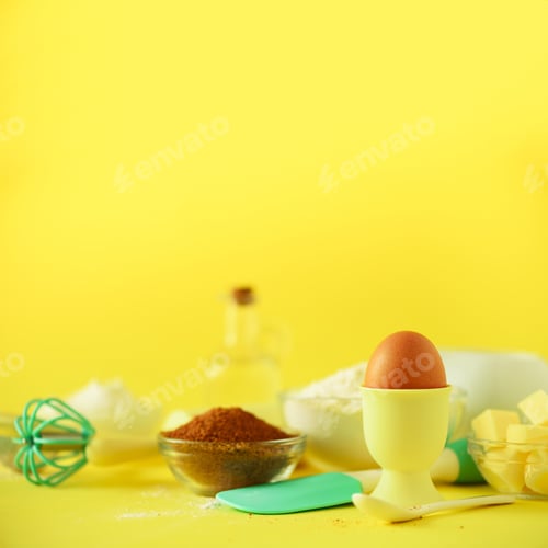 Preview: Bakery food frame, cooking concept. Different baking ingredients - butter, sugar, flour, milk, eggs