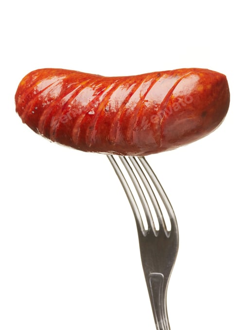 Preview: Grilled smoked sausage on a fork