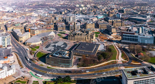 Preview: Aerial view above the West Yorkshire city centre of Bradford with Centenary Square prominent
