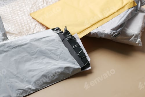 Preview: close up of delivery packages on color background