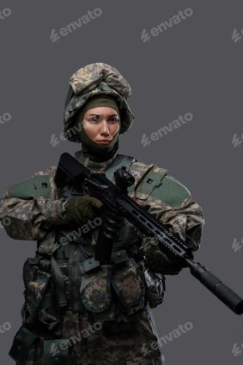 Preview: Woman soldier dressed in protective suit with rifle