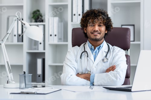 Preview: Portrait of a successful Hindu doctor inside the office of a modern clinic, sitting at the