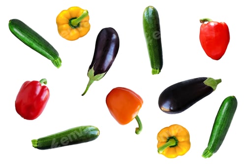 Preview: Random isolated vegetables on white background, zucchini, bell peppers, eggplants