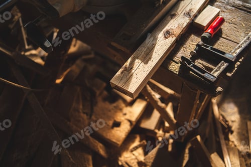 Preview: Background image of furniture woodworking workshop, carpenters industrial wooden material work