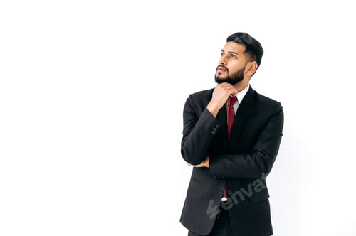 Preview: Puzzled thoughtful elegant influential arabian or indian man in formal suit, stand on isolated white