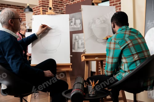 Preview: Two men friends drawing in art studio
