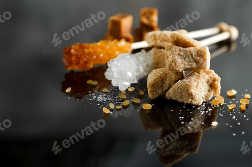 Preview: different types of sugar - brown, white and refined sugar on black