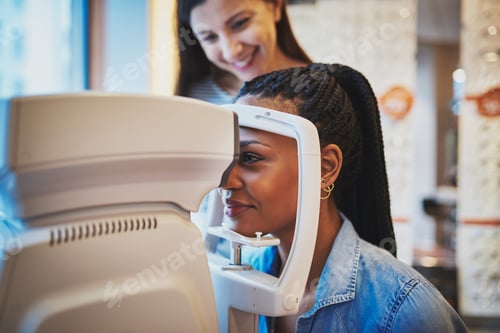 Preview: Woman presses her forehead to optical machine