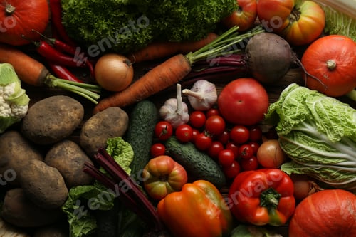 Preview: Different fresh ripe vegetables on table, flat lay. Farmer produce