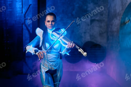 Preview: Young woman playing violin solo on stage illuminated with neon light