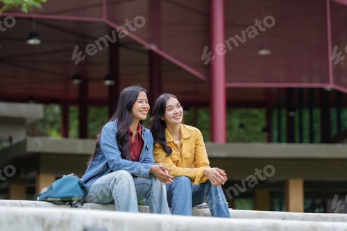 Preview: Two university students relaxing and chatting on campus