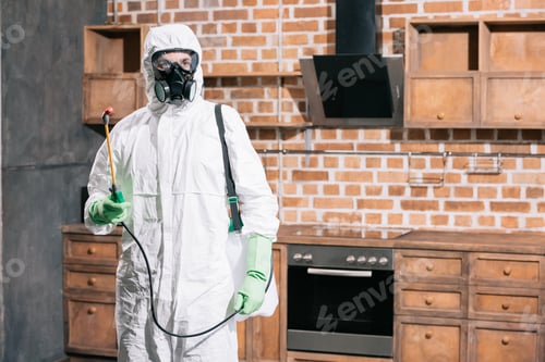 Preview: pest control worker standing with sprayer in kitchen