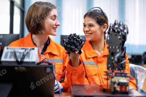 Preview: Girl engineer in robot industry fabrication research room simulate testing robot arm on operation