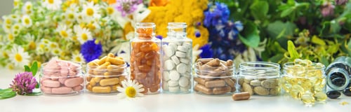 Preview: Homeopathy and dietary supplements from medicinal herbs. Selective focus.
