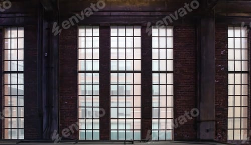 Preview: Red brick interior wall and windows, vintage apartment building in New York city.