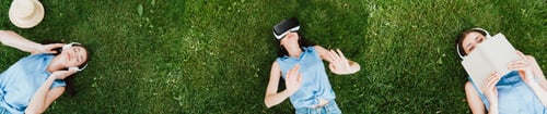 Preview: collage of attractive woman lying on grass, listening music holding book and using vr