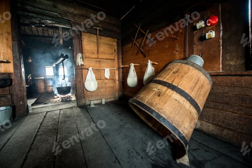 Preview: Making fresh homemade cottage cheese in cheesecloth in a wooden house