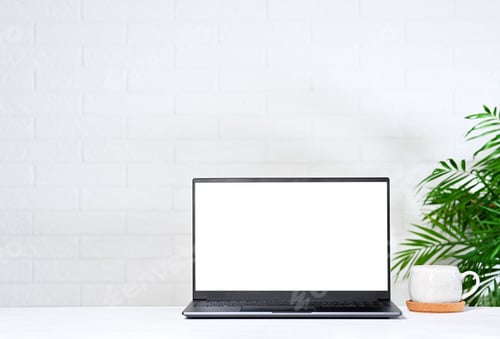 Preview: Laptop on White Desk with Green Plant Nearby