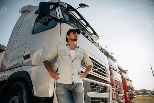 Preview: In the hat, standing. Truck driver is near the transport outdoors