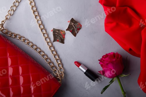 Preview: Modern feminine beauty and fashion composition with roses and red accents
