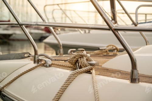 Preview: White mooring rope tied around steel anchor on boat