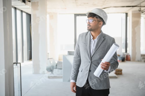 Preview: Arab architect inspecting building under construction holding blueprints