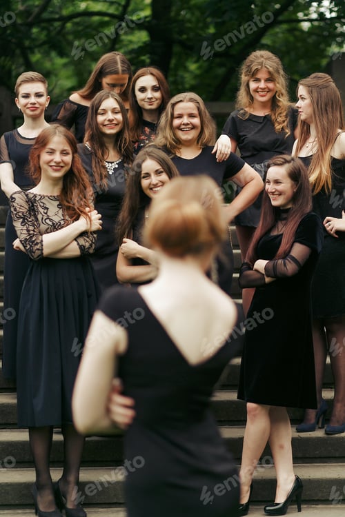 Preview: luxury gorgeous woman in black dress posing, standing in front of group of ladys