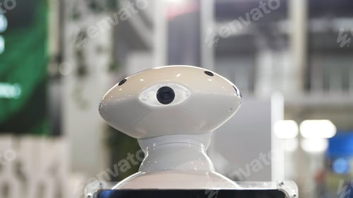 Preview: Close up of the moving humanoid robot with a camera on his head. Media. New technological robot