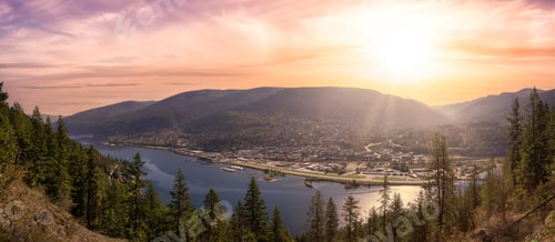 Preview: Panoramic View of a small Town, Nelson. Colorful Sunrise Sky Art Render