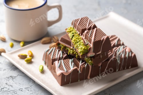 Vorschau: Dubai-Schokolade, Milchschokolade gefüllt mit Erdnussbutter und Kunefe