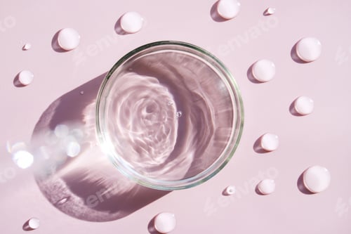 Preview: serum in petri dishes on light pink background cosmetic research concept