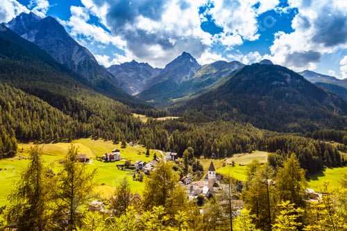 Preview: View of valley and mountains, Engadin, Switzerland