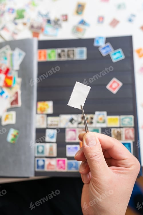 Preview: A hand holds a colored stamp over an album filled with stamps. The occupation of philately.