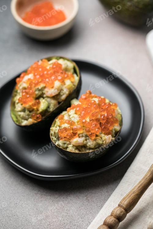 Preview: Avocado Cups Stuffed with Tasty Mexican Prawn and red caviar