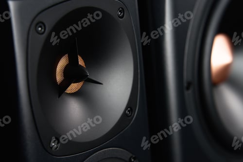 Preview: Sound speaker on dark background, close up