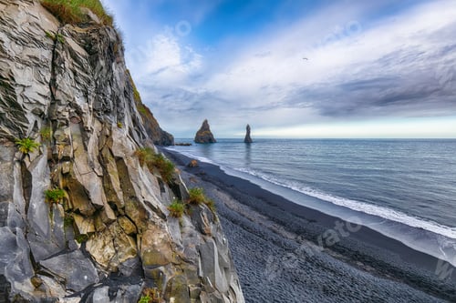 Preview: landscape with basalt rock formations Troll Toes on Black beach Reynisfjara near the village of Vik.