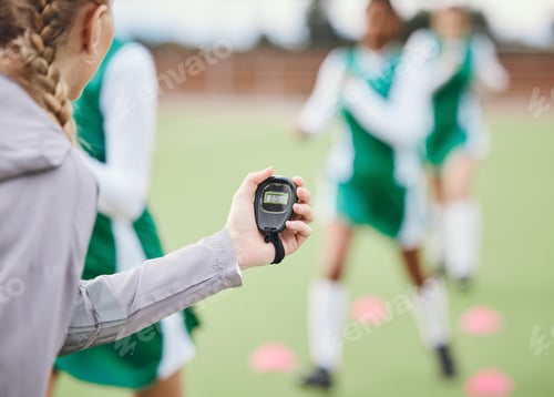 Preview: Coach, timer and team in training, field and sports in blurred background. Trainer, stopwatch and t