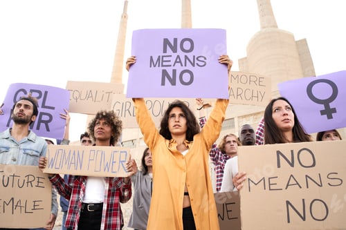 Preview: Group of people activist protesting on streets. Feminist women.