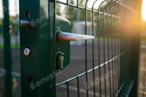Preview: Handle with lock on open gate of sports ground fenced with welded mesh fence outdoors at sunset