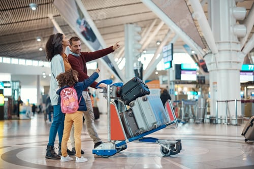 Preview: Family at airport, travel and vacation with luggage, mother and father with child, ready for flight