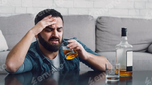 Preview: Problem of alcohol dependence. Sad man with beard looks at glass of whiskey