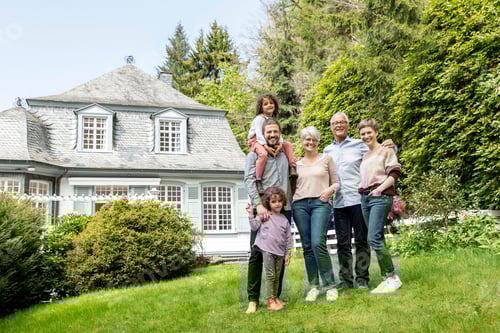 Preview: Happy extended family standing in garden of their home
