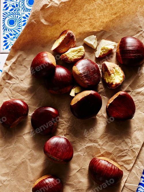 Preview: Roasted chestnuts on parchment paper