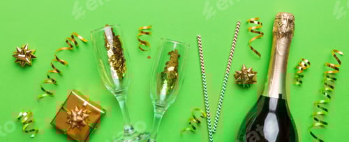 Preview: Festive Green Background with Champagne and Confetti