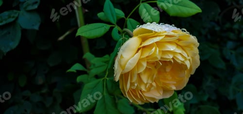 Preview: Beautiful yellow rose in the garden with water drops after rain.